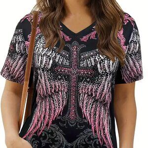 Women Plus Size Feather Print V Neck Vacation Holiday Beach Knit Top 18W 22W 26W